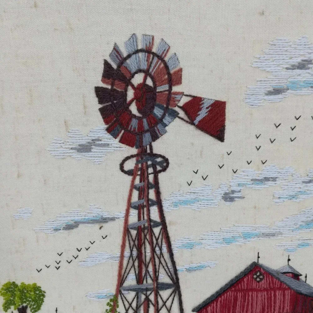 Vintage Completed Crewel Embroidery Picture Windmill Barn National Paragon 1980